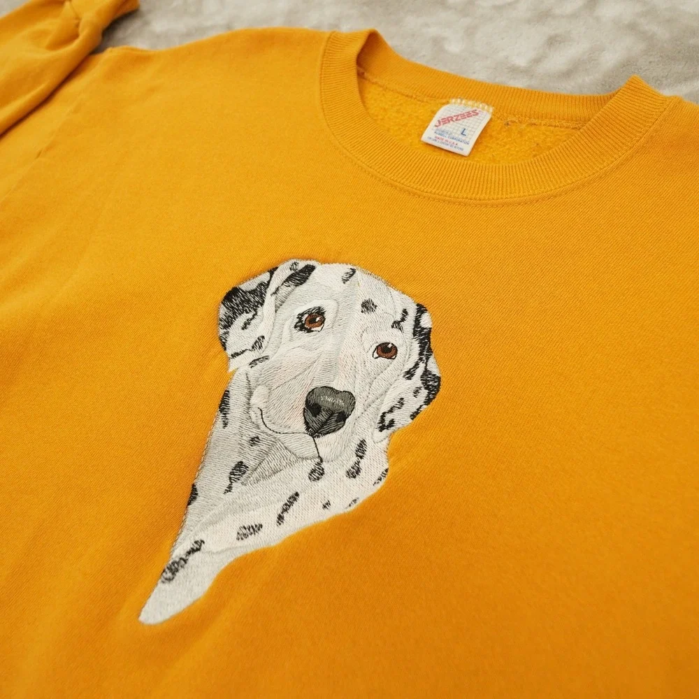 Vintage Jerzees Dalmation Embroidered Yellow Crew Neck Sweatshirt Men's Large US